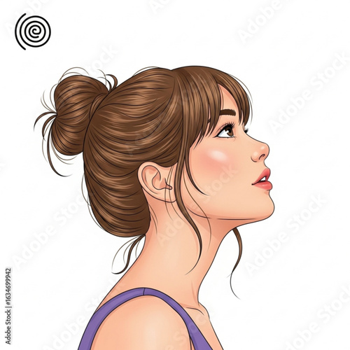 Vector art of beautiful woman with brown hair in a bun looking up isolated on white background