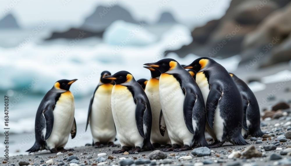 Obraz premium Group of King Penguins Standing Together on a Rocky Beach Near the Ocean Shoreline