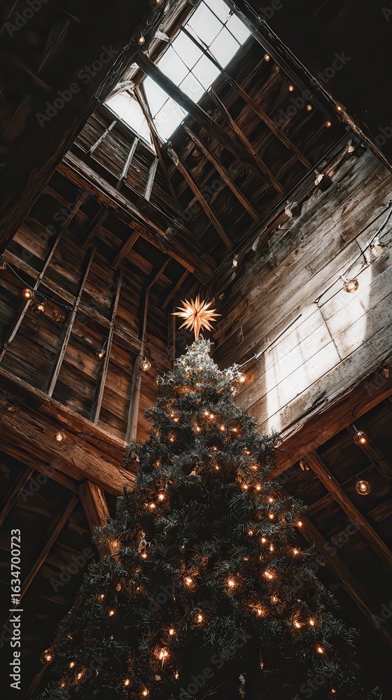 Obraz premium Low angle Christmas tree with sparkling decorations in cozy rustic holiday style.
