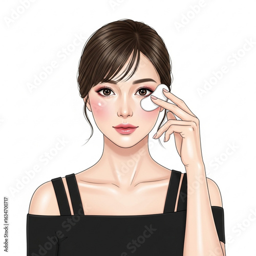 Vector art of beautiful woman applying eye mask isolated on white background