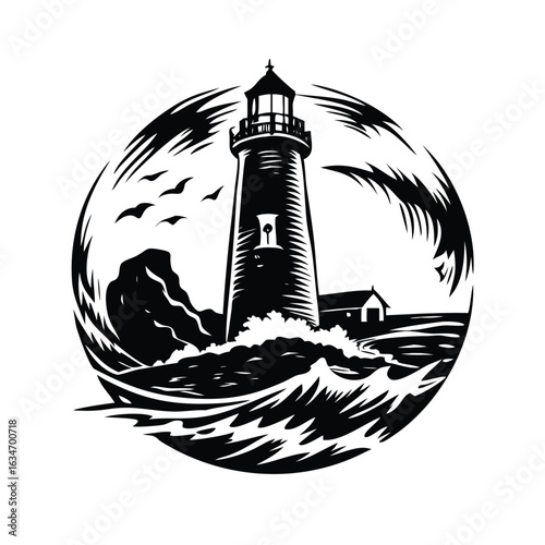 Lighthouse & Waves Woodcut Vector Emblem - Dramatic Marine Scene Badge