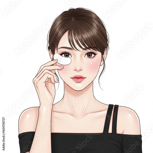 Vector art of beautiful woman applying eye patch isolated on white background