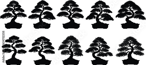 Bonsai tree silhouettes, miniature plant shapes, black vector illustration, CAD drawing, flat design, artistic foliage, zen decor, potted trees