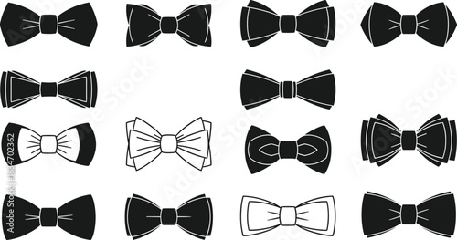 Bow tie silhouettes, formal accessory icons, black vector illustration, CAD drawing, flat design, neckwear styles, fashion detail, classic shapes