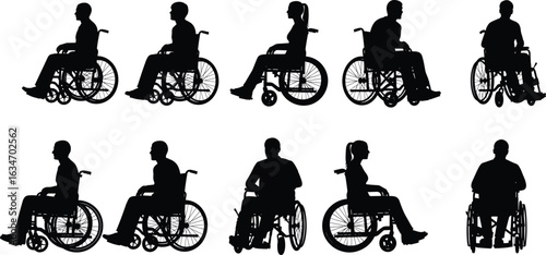 Silhouette people in wheelchairs, diverse poses, inclusive design, disability awareness, mobility aids, healthcare, accessibility concept, medical vector illustration