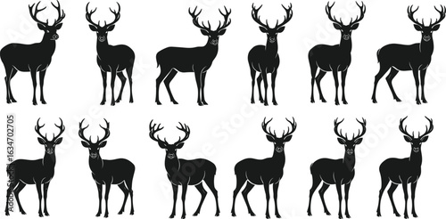 Deer silhouette vector illustration, antler animal design, wildlife pose artwork, black forest creature, Adobe Stock, cad drawing flat vector illustration