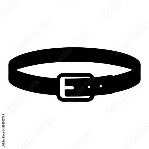 Black Belt Silhouette Icon with Buckle on White, Minimal black silhouette of a waist belt with buckle, commonly used in fashion, clothing, or accessory-themed illustrations.

