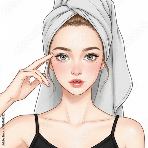 Vector art of beautiful woman with towel on head isolated on white background illustration
