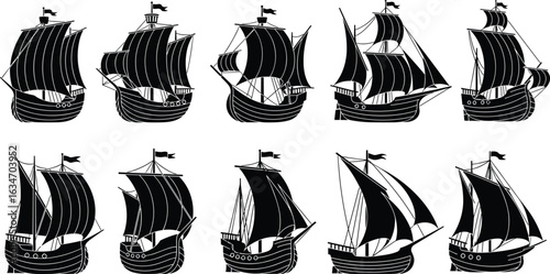 Sailing ship silhouettes, vintage vessels, nautical icons, maritime transport, black vector illustration, stylized boats, historic ships, ocean travel, bold design