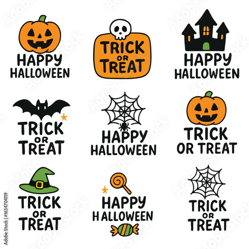 Halloween typography and icon set with pumpkin jack-o’-lanterns, haunted house, bats, spider webs, witch hat, skull, and candy — cute cartoon vector design for party invitations, posters, and decorati