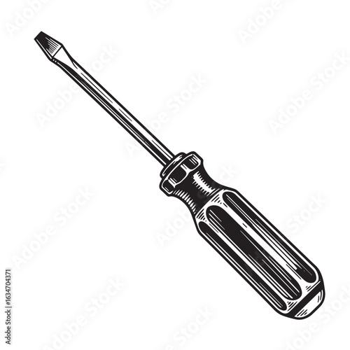 Classic hand drawn flathead screwdriver illustration on white background for various applications