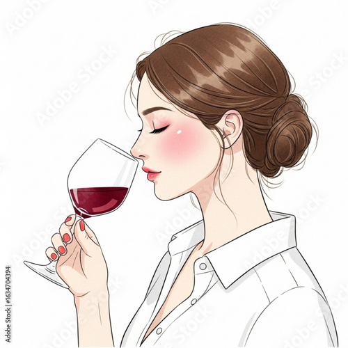 Vector art of beautiful woman smelling red wine in glass isolated on white background