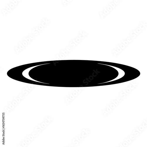 Black Hole or Portal Icon Silhouette on White, Minimalist black silhouette of a flat oval shape resembling a hole, portal, or shadow, isolated on a white background.
