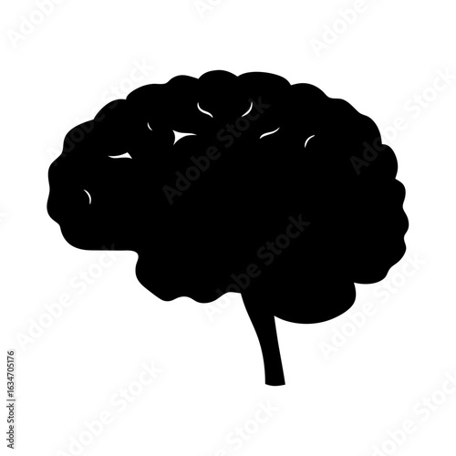 Black Brain Icon Silhouette on White Background, Simple black silhouette of a human brain, symbolizing intelligence, thinking, and mental processes, isolated on white background.
