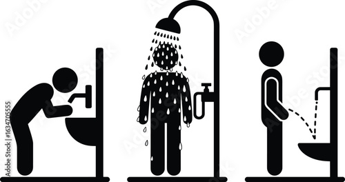 Hygiene icon set, hand washing, shower symbol, urinal pictogram, sanitation silhouette, black and white vector