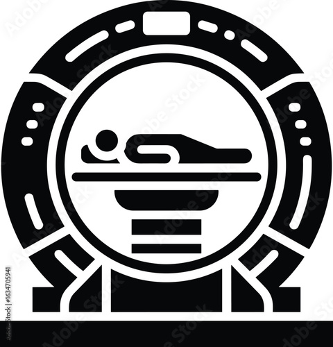 MRI scanner icon, medical imaging device, patient on table, diagnostic machine, hospital, healthcare, vector, silhouette