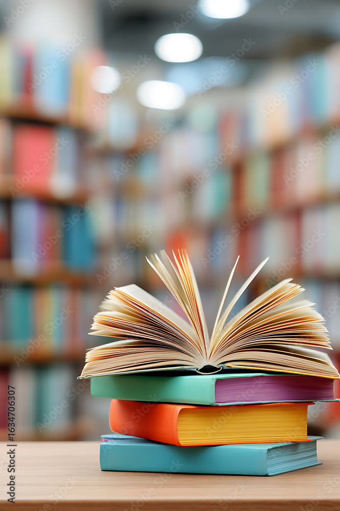 Fototapeta premium Stack of Colorful Books with Open Book on Top in Library Setting