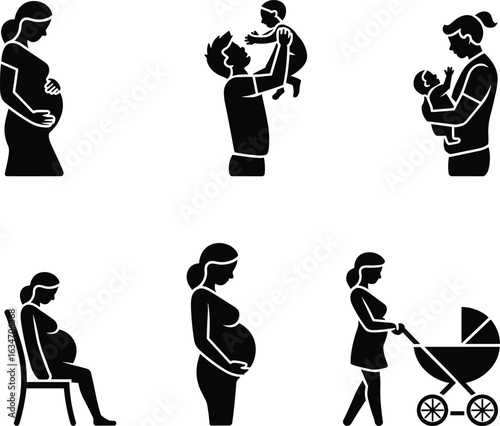 Pregnancy and parenthood icons, baby care silhouettes, maternity poses, stroller, family concept, black and white vector