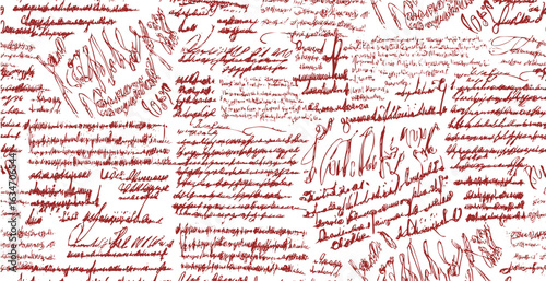Seamless red pattern of abstract illegible handwritten text. Vintage grunge bad calligraphy script, old book document. Vector illustration of monochrome unreadable handwriting cursive poetry 