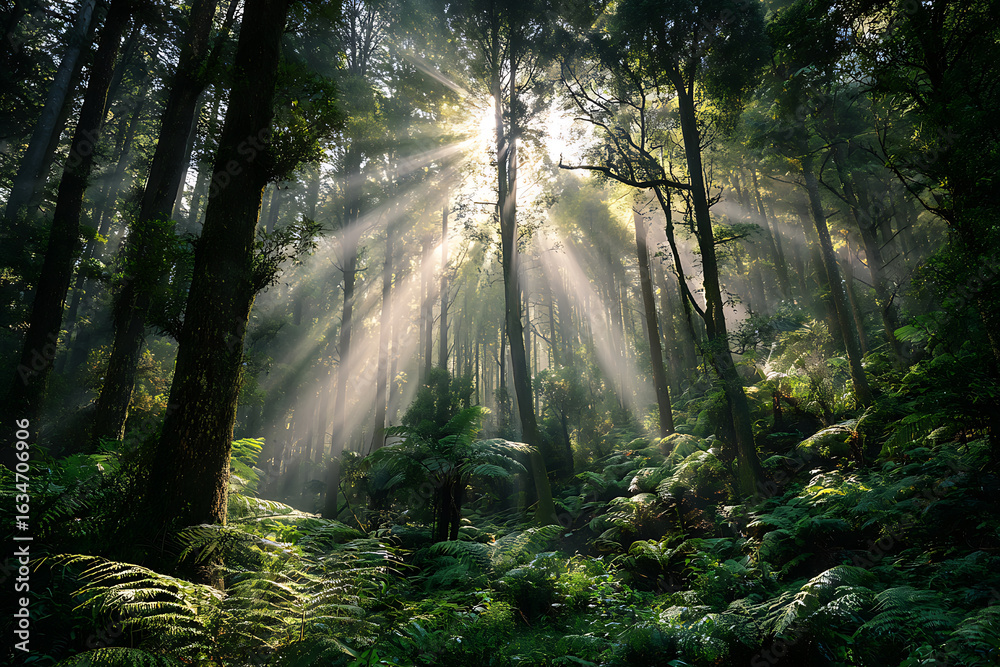 Obraz premium Sunbeams Through Lush Green Forest Canopy with Ferns and Tall Trees