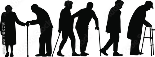 Elderly silhouettes, senior citizens walking, old people with cane, elderly support, aged couple, walking aid, cane, walker, seniors, silhouette