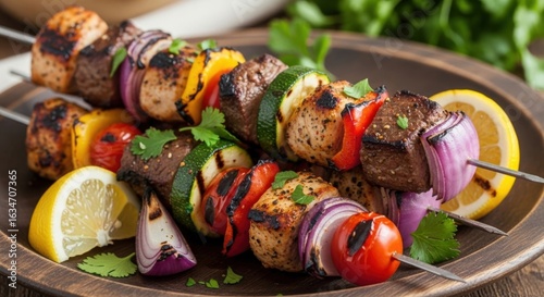 Delicious grilled meat and vegetable skewers with lemon