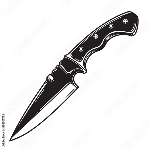Detailed black and white illustration of a survival knife with riveted handle