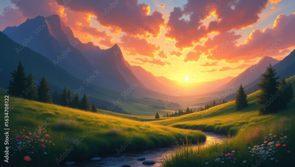 Obraz premium Golden Hour Serenity Over Rolling Green Hills and Majestic Mountains