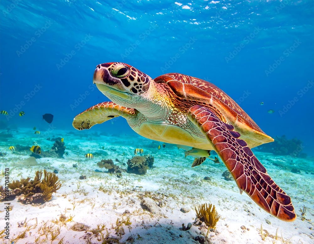 Obraz premium A magnificent sea turtle glides gracefully through the crystal-clear turquoise waters of the ocean, swimming above a sandy seafloor with small fish.