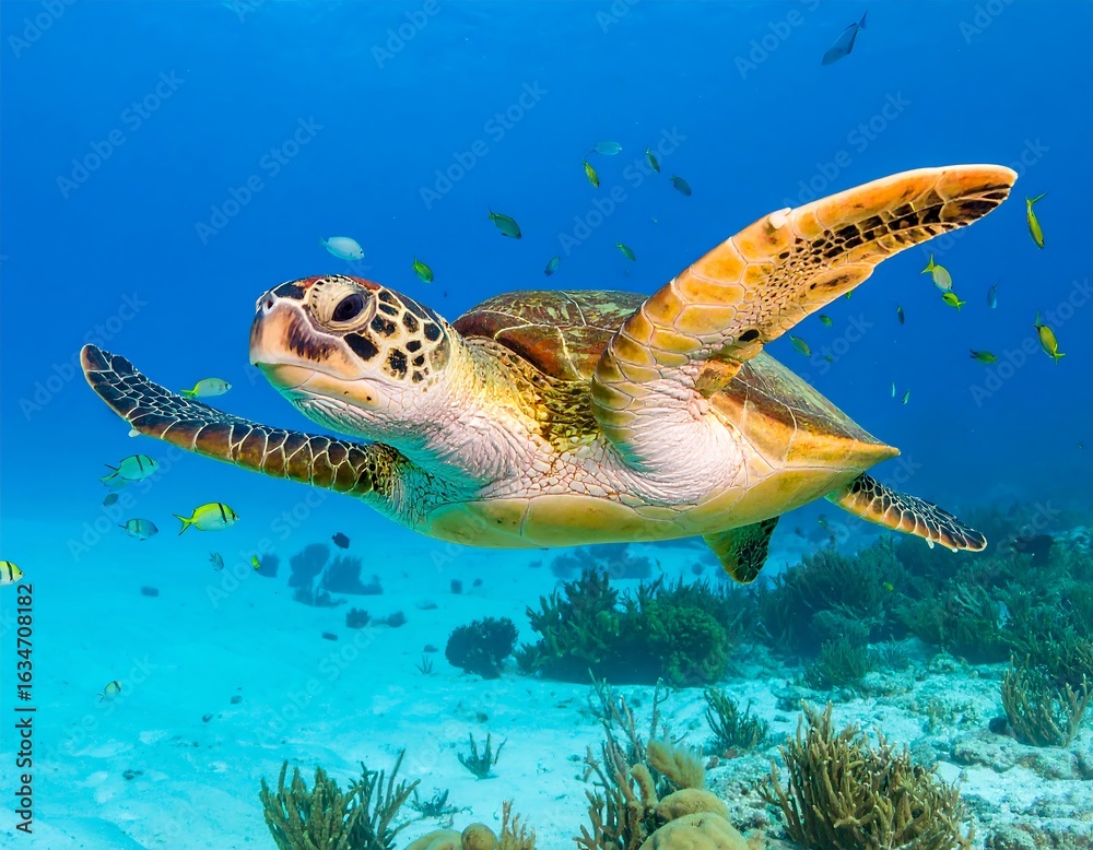 Fototapeta premium A magnificent sea turtle glides gracefully through the crystal-clear turquoise waters of the ocean, swimming above a sandy seafloor with small fish.