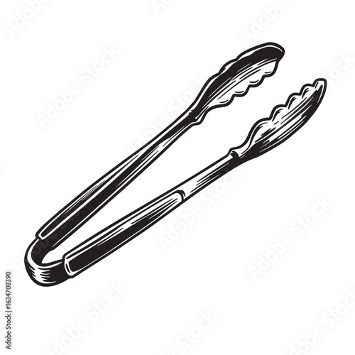 Detailed black and white illustration of metal tongs for kitchen or barbecue cooking