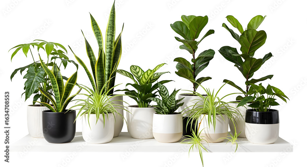 Obraz premium Collection of houseplants in pots on a shelf .ai generative, transparent background, white background. isolated on white background, png, jpeg, jpg.