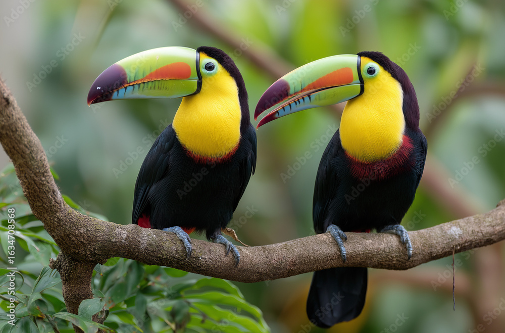 Obraz premium Two toucans perched on a tree branch in a rainforest, toucan, bird,
