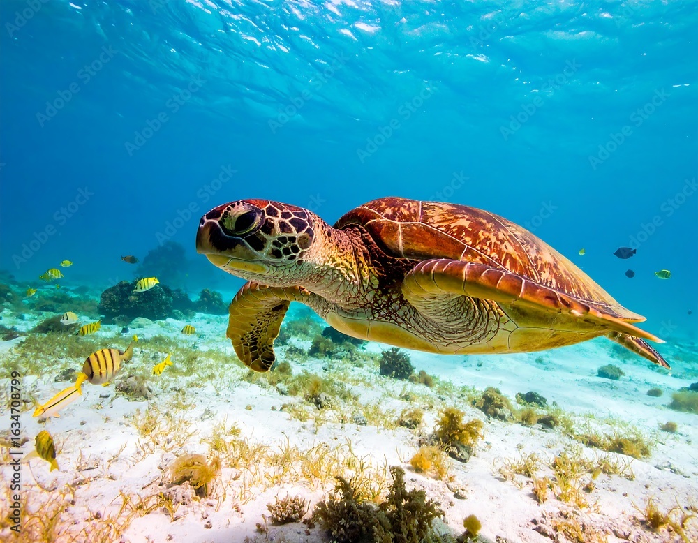 Obraz premium A magnificent sea turtle glides gracefully through the crystal-clear turquoise waters of the ocean, swimming above a sandy seafloor with small fish.