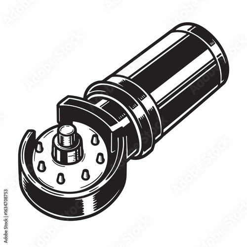 Detailed black and white illustration of an angle grinder power tool for industrial use