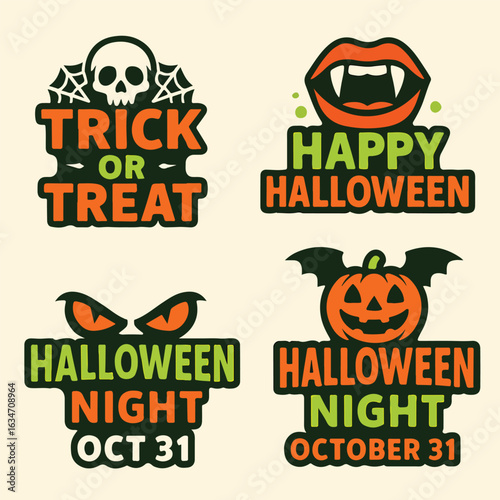 Halloween typography badge set featuring trick or treat skull, vampire fangs, spooky eyes, bat pumpkin, October 31 text, perfect for party invitations, stickers, posters, and seasonal decoration