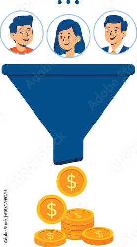 Business funnel with customers converting into coins Illustration