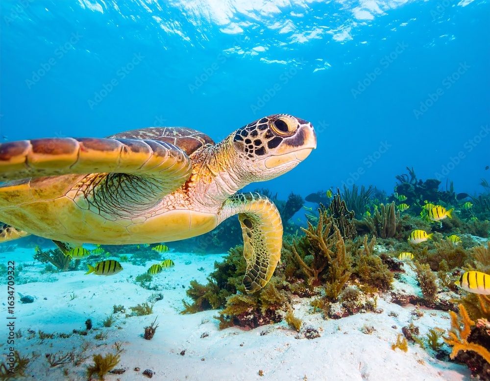Fototapeta premium A magnificent sea turtle glides gracefully through the crystal-clear turquoise waters of the ocean, swimming above a sandy seafloor with small fish.