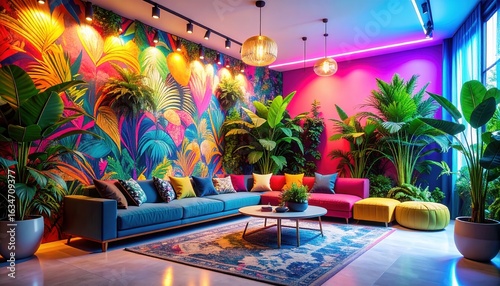 Vibrant Maximalist Living Room with a Bold Tropical Mural and Colorful Neon Lighting