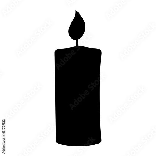 Silhouette of a tall candle with a flame against white background