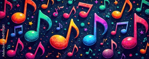 Intricate colorful notes pattern, playful design, rhythm, colorful, rainbow music