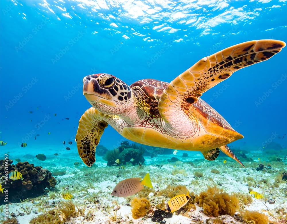 Obraz premium A magnificent sea turtle glides gracefully through the crystal-clear turquoise waters of the ocean, swimming above a sandy seafloor with small fish.