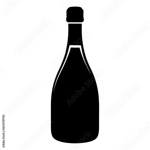 Champagne bottle icon for celebration or party themes, Black silhouette of a champagne or wine bottle, often used in party, celebration, bar, or festive event illustrations and designs.
