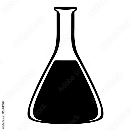 Black and white laboratory flask filled with liquid, science and study