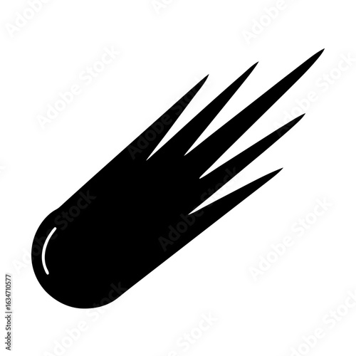 Comet or meteor icon for space or astronomy themes, Black silhouette of a fast-moving comet or meteor with a glowing tail, used in astronomy, sci-fi, or cosmic design elements.
