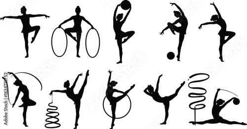 Rhythmic gymnastics silhouette set of women with hoop, ball, and ribbon, elegant dance movement illustration for sports concept, cad drawing flat vector illustration