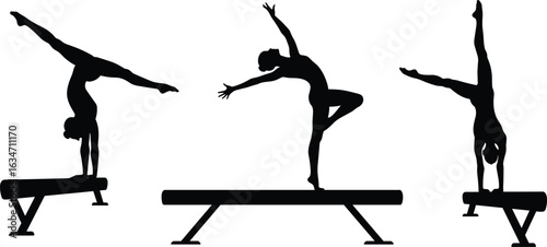 Gymnast on balance beam silhouette, female gymnastics pose illustration, athletic girl performing handstand, vector drawing of gymnastic movement, cad drawing flat vector illustration
