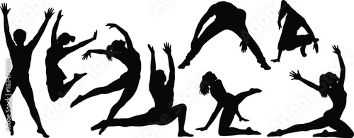 Dancer silhouette, female dancer poses, expressive movement art, contemporary dance vector, jumping silhouettes, dance stretch clipart, motion graphics shape