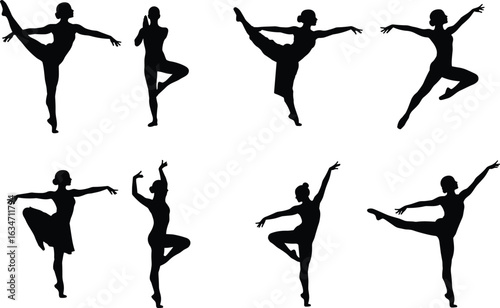 Silhouette set of ballet dancers in different poses, ideal for dance, performance, and movement-themed projects, cad drawing flat vector illustration
