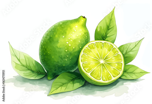 A whole green lime rests beside a perfectly sliced half, showcasing bright yellow flesh and glossy leaves on a clean white background, illustrating the freshness of this citrus fruit.
